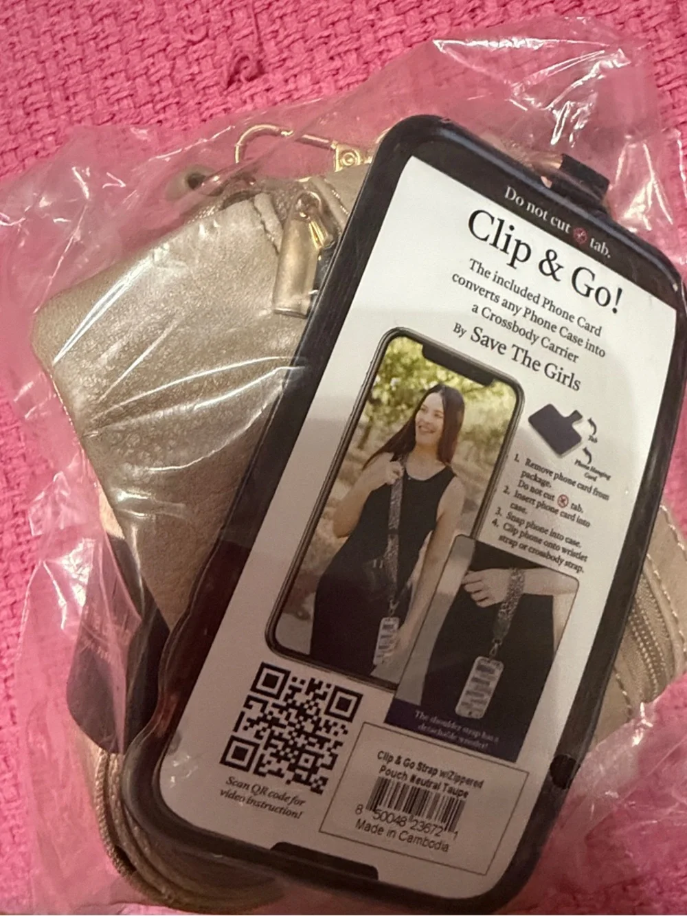 Neutral Beige Crossbody Phone Strap with Zipper Pouch